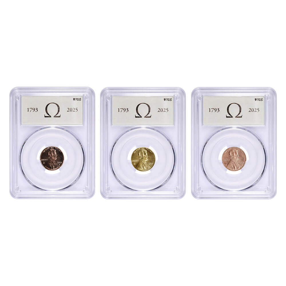 Side-by-side comparison of a standard 2025 penny versus an Omega privy mark 2025 penny showing the Ω symbol
