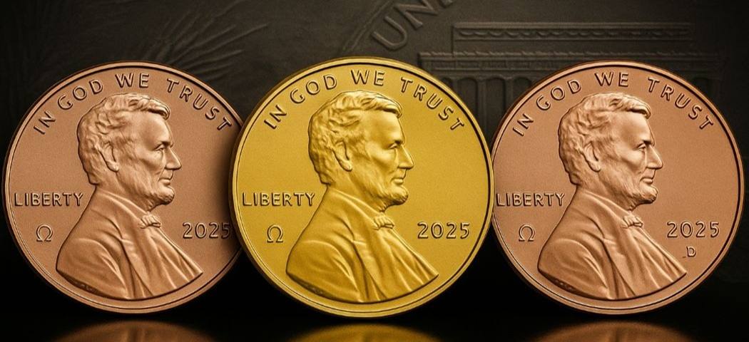 2025 penny Omega privy mark close-up showing the Greek letter Ω struck below the date
