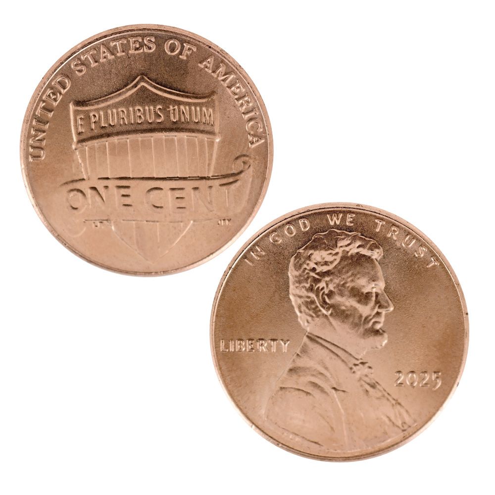 2025 Lincoln Shield cents arranged by mint mark showing Philadelphia, Denver, and San Francisco proof varieties